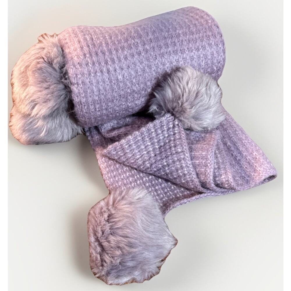 Pottery Barn Kids Pastel Plum Knit Blanket With Pom Poms